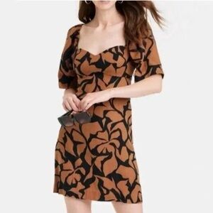 A New Day Puff Sleeve Linen Blend Shift Dress Brown Smocked Women’s Size XL NWT